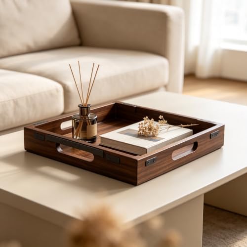 Acacia Wood Serving Tray with Metal Handle, 17X13In Tray for Ottoman