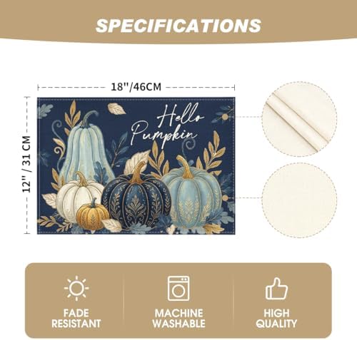 Artoid Mode Blue Hello Pumpkin Fall Placemats Set of 4-12 x 18 Inch