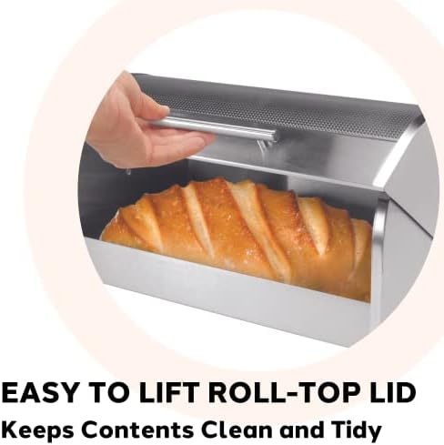 Oggi Stainless Steel Roll Top Bread Box for Kitchen Countertop with Tempered Glass Lid - Fits Multiple Large Loaves of Bread and Other Freshly Baked Goods Including Cookies, Bagels, Muffins