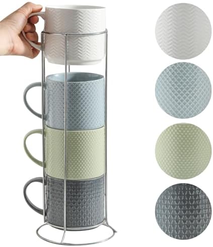 HASENSE Coffee Mugs with Metal Stand,15 oz Ceramic Stackable Mug Set