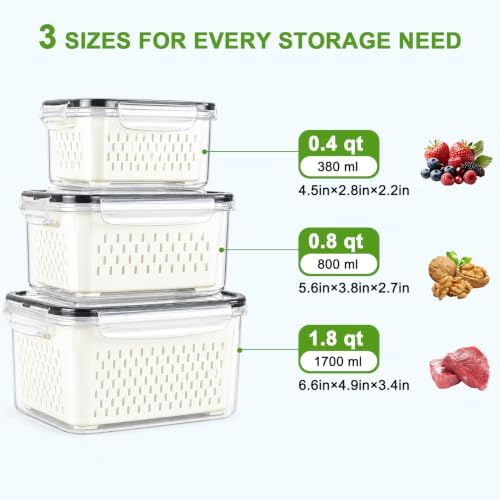 Fruit Storage Containers for Fridge, Airtight & Leakproof, 3 Pack
