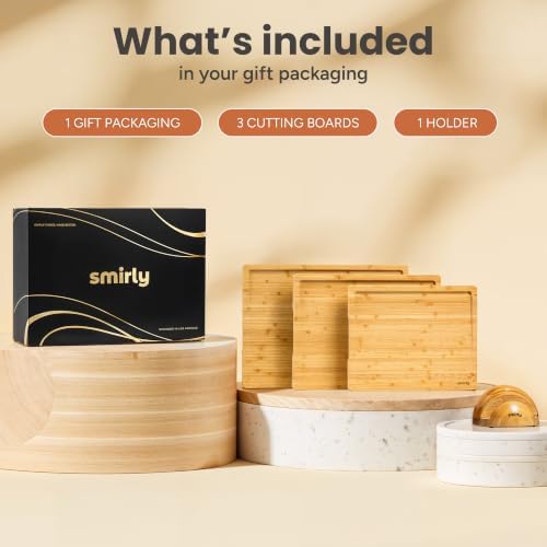 SMIRLY Cutting Boards for Kitchen, 3 Piece Bamboo Cutting Board with Stand