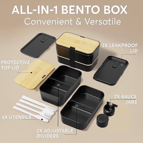 Umami Bento Box Adult, Stackable Lunch Box, 50 oz, Black& Bamboo