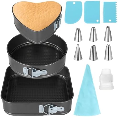 Springform Cake Pans Set, 3 PCS Heart Round Square Shape, Leakproof
