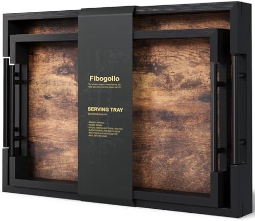 Fibogollo Set of 2 Wooden Serving Trays with Metal Handles