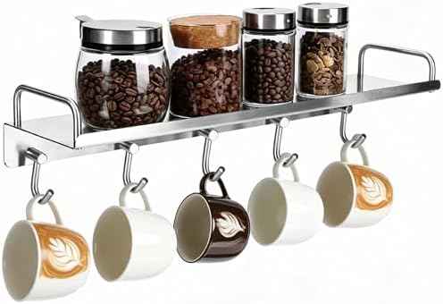 Spice Holder Rack, Coffee Mugs Storager Rack for Glass Jars Bottles, 304 Stainless Steel Shelf, Heavy Duty Kitchen Organizer Wall Mounted, Pots Pans Hanger Holder, 16 Inch With 5 Hooks (Silver)