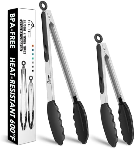 HOTEC Stainless Steel Kitchen Tongs with Silicone Tips, Set of 2-9"