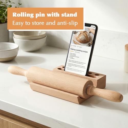 Wood Rolling Pin with Silicone Baking Mat and Wooden Base
