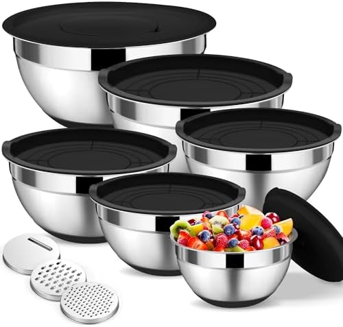 TeamFar Mixing Bowls, Stainless Steel Salad Bowl with Lid & Graters