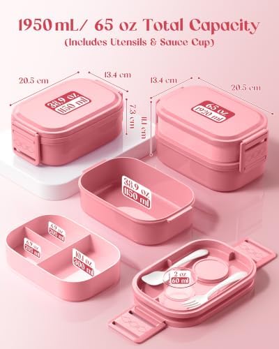 Bento Lunch Box, 65 oz 3-Tier Stackable Lunch Container, Adjustable