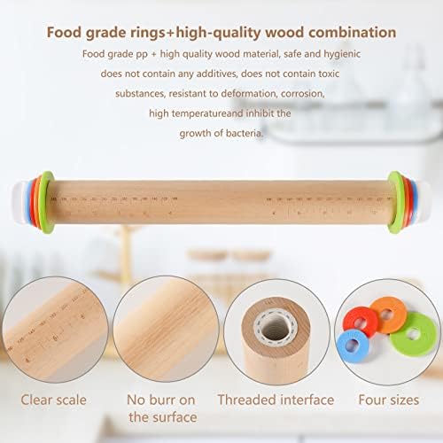 Yasashii Wood Rolling Pin With 4 Adjustable Thickness Rings, Non-stick