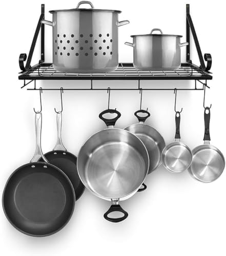 Sorbus Hanging Pot Rack - Wall Mounted Pot Rack storage shelf hanging rack — Pots and Pans Rack shelf Organizer holder pot hanger - 10 S Hooks - kitchen cookware, utensils, pans, 2 DIY Methods (Black)