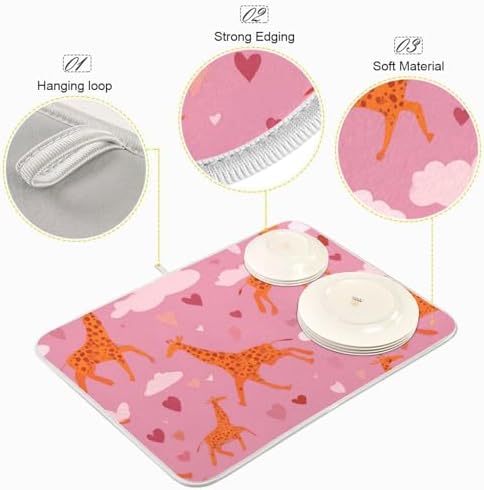 OTVEE Pink Giraffe Art Dish Drying Mat for Kitchen Counter Absorbent