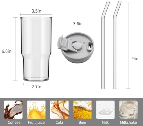 BLUEPOLAR 20 oz Glass Cups with Lids and Straws - Leak-Proof Portable
