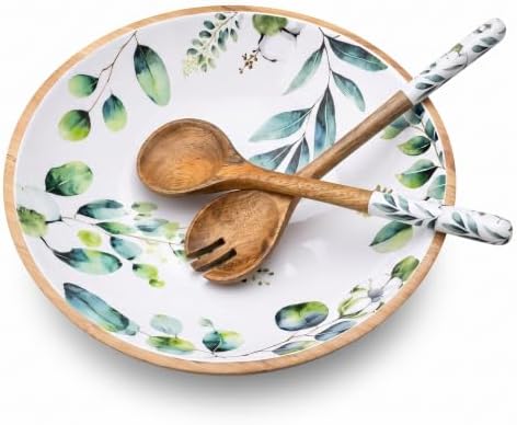 12.5" Large Wooden Salad Bowl with Servers, 3 Piece Wood Serving Bowl
