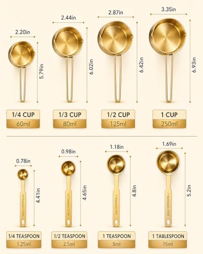 Gold Measuring Cups and Spoons Set, 8 Piece Stainless Steel Measuring