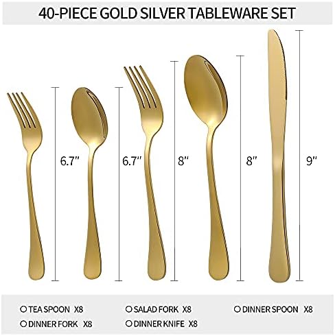 Gold Silverware Set 40 Piece, Flatware Cutlery Set For 8, Stainless