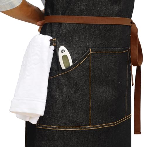 Black Kitchen Apron with Pockets & Towel Loop for Men Women, Denim