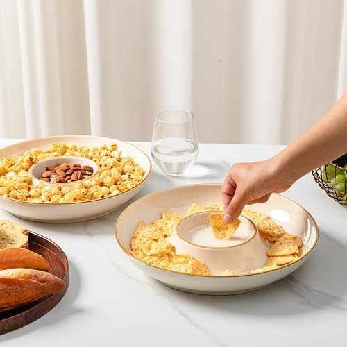 LEHAHA Porcelain Chip and Dip tray, Set of 2,12 inch Ceramic Serving Tray, Divided Serving dip Platter, Porcelain dip bowl, salsa bowl, Microwave and Dishwasher Safe, Dark Cream