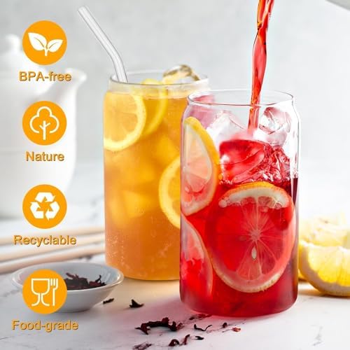 Glass Cups with Lids and Straws - 16 oz Glass Drinking Cups Set for