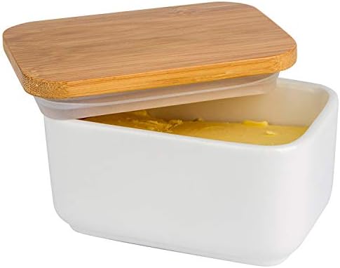 Porcelain Butter Dish with Bamboo Lid, Ceramic Butter Keeper Container