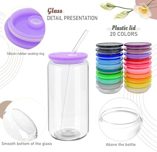 WHEATHUSK 20 Pack Glass Cups with Acrylic Lids and Glass Straws 16oz