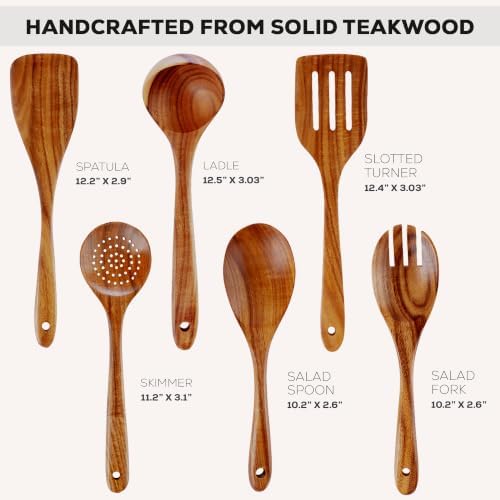 Zulay Kitchen Extra-Large 6-Piece Wooden Spoon Set - Smooth Teak