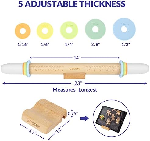 Geesta Adjustable Wood Rolling Pin with 5 Thickness Rings, Precise