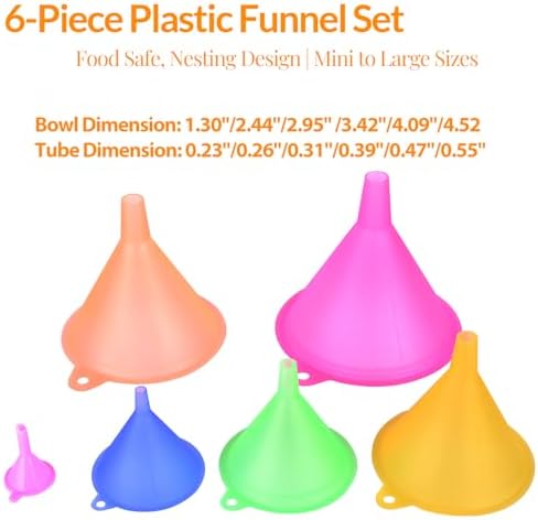 6 Pcs Plastic Funnel Set - Mini/Small/Large Funnels Set for Kitchen