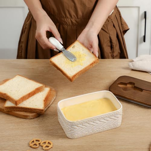 Ceramic Butter Dish with Lid and Knife, Textured Beige Pattern