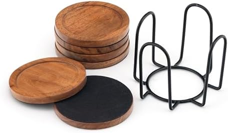 Acacia Wood Round Coasters Set of 6 with Holder – Absorbent Drink