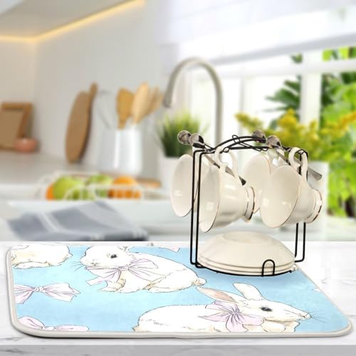 OTVEE Sweet Bunny Art Dish Drying Mat for Kitchen Counter Absorbent