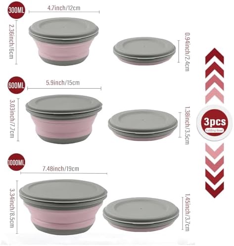 Collapsible Bowl, 3 Pcs Food Grade Silicone Camping Bowl, Expandable