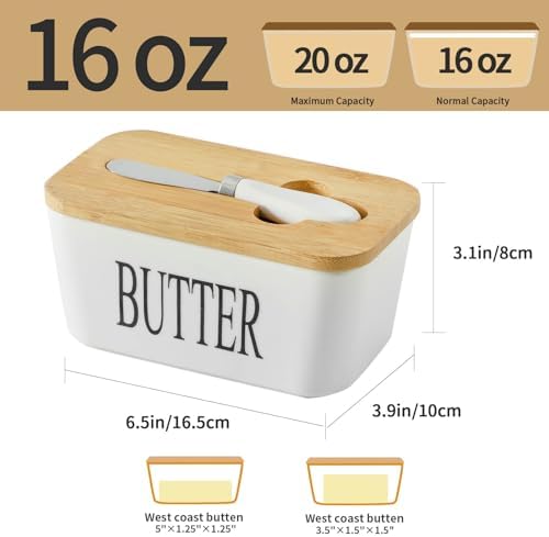 Hasense Porcelain Butter Dish with Bamboo Lid - Covered Butter Dish