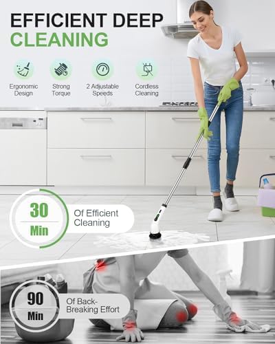Cordless Electric Spin Scrubber, 9 Brush Heads, 2-Speed Motor