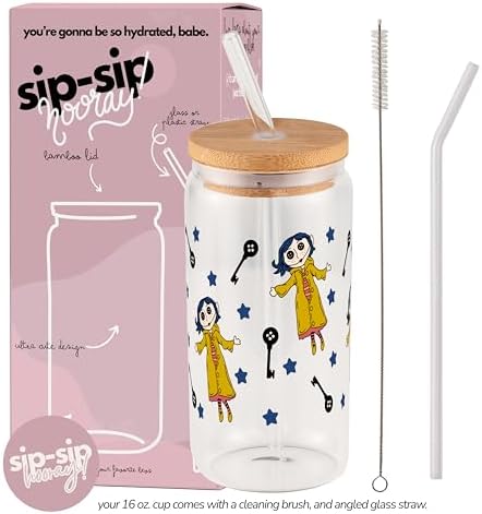 Sip-Sip Hooray! Coraline 16oz Glass Can Cup with Lid and Straw, Button
