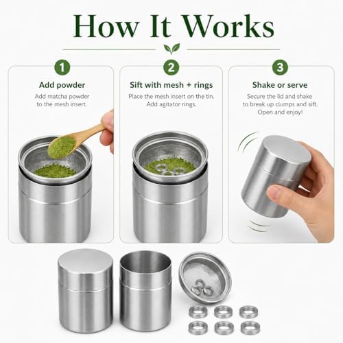 Xuronex 2-Pack Matcha Powder Sifter and Storage Tin Set, Stainless