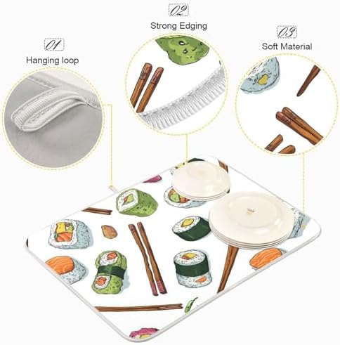 OTVEE Whimsical Sushi Print Dish Drying Mat for Kitchen Counter