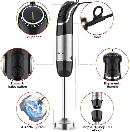 Blackcow Corded Immersion Blender Handheld for Kitchen,Stainless Steel