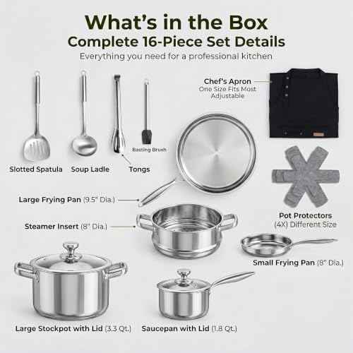 Stainless Steel Cookware Set, 16-Piece Pots and Pans Set Non Toxic, Kitchen Induction Cookware with Glass Lids, Steamer, Utensil Sets, Pot Protectors & Apron, Oven & Dishwasher Safe, Silver