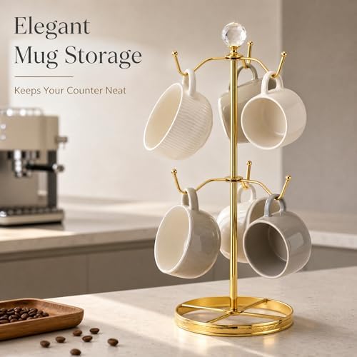 Mug Tree Coffee Cup Holder for Counter Top 6 Hooks(Gold)