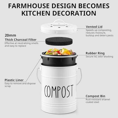 Kitchen Compost Bin, 1 Gallon Countertop Bin with Lid, White