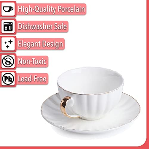 BTaT- Cappuccino Cups with Saucers 7 oz, Set of 6, Golden Trim Design