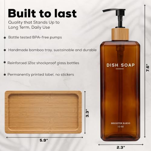 Amber Glass Hand and Dish Soap Dispenser Set by Brighter Barns - 12oz