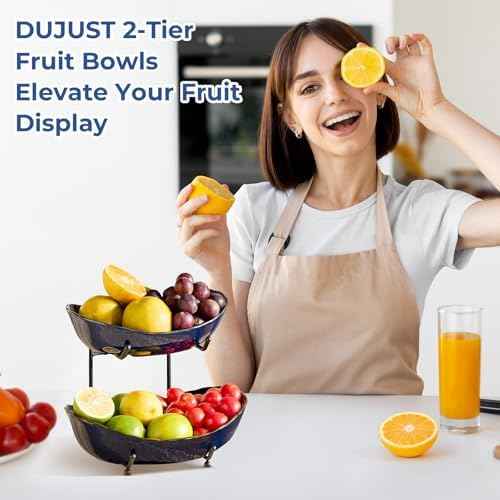 DUJUST 2 Tier Fruit Bowl, Kiln Altered Glaze Ceramic Fruit Stand, Stackable & Easy to Store, Multifunctional Serving Tray for Fruit/Vegetables/Snacks, Microwave & Dishwasher Safe - Dark Blue