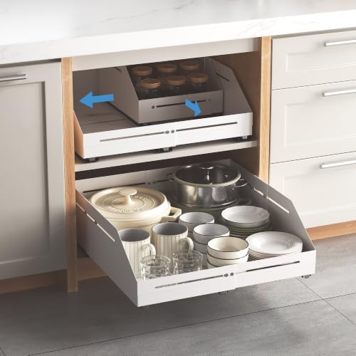 Pull Out Cabinet Organizer 15.8"-23"D&12.5"-21"W Raised Walls White