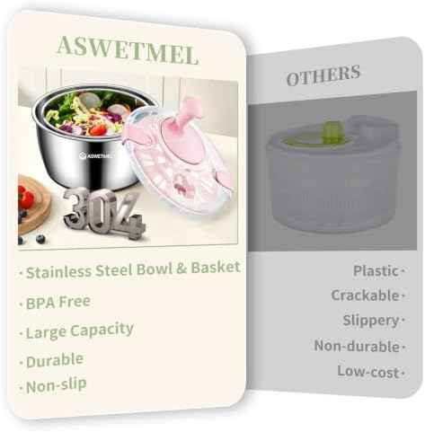 Stainless Steel Salad Spinner, ASWETMEL 5.3 Qt Lettuce Spinner