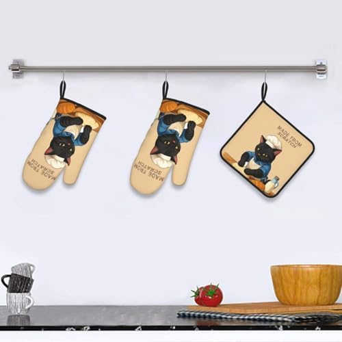 Funny Black Cat Oven Mitts and Pot Holders Set