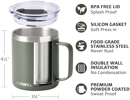 SUNWILL Travel Coffee Mug with Lid, Insulated Tumbler with Handle