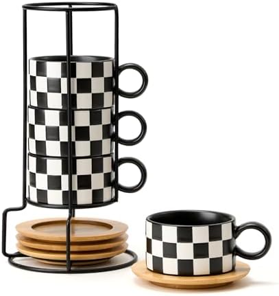 LUKA 6 Ounce Ceramic Stackable Black and White Checkered Espresso Cups